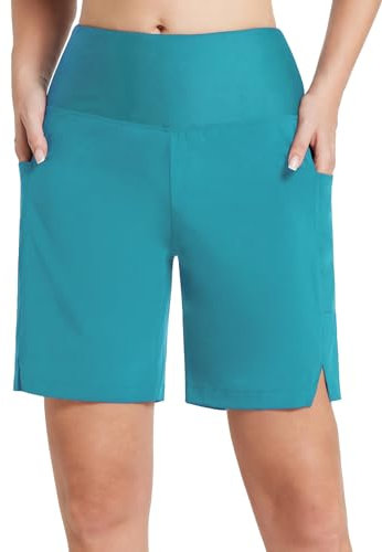 baleaf Badeshorts Damen Lang Knielang Schnelltrocknend Badehose UV Schutz UPF 50+ Schwimmhose Hohe Taille Boardshorts mit Innenslip und Taschen Dunkelblau XL