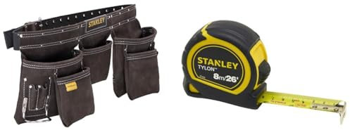 STANLEY Leather Tool Belt Pouch Apron, Multi-Pockets Storage Organiser, Hammer Loop, STST1-80113 & Tylon 8m/26ft Pocket Tape Yellow/Black, 0-30-656