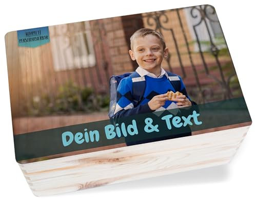Bild - Geschenkbox Schulanfang Jungen mit Foto und Text | Einschulung Erinnerungsbox Bilder | Holzkiste Schulanfang - 30 x 20 x 14 - Holz - einschulungskiste personalisierte box photo spruch wooden