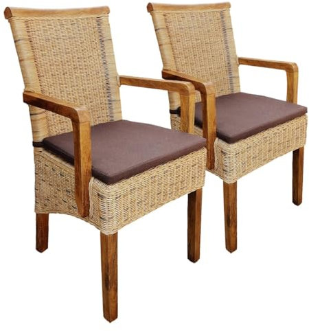 Rattanstühle mit Armlehnen Esszimmerstühle Tabacco Perth Korbstuhl Rattan Sessel Größe 2er Set, Farbe mit Sitzkissen