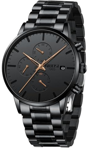 NIBOSI Montre analogique minimaliste pour homme - Cadran noir - Chronographe d'affaires - Montre à quartz militaire décontractée - Bracelet en acier inoxydable - Date, Or rose, Bracelet