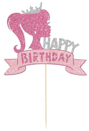 Princess Cake Toppers, Pink Glitter Girl Cake Topper, Happy Birthday Cake Decorations for Wedding Baby Shower Anniversary DIY Supplies