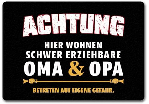 speecheese Schwer erziehbare Oma + Opa Fußmatte in 35x50 cm ohne Rand Warnschild Achtung Betreten auf eigene Gefahr Lustige Fußmatte in 35x50 cm ohne Rand in Deutscher Sprache