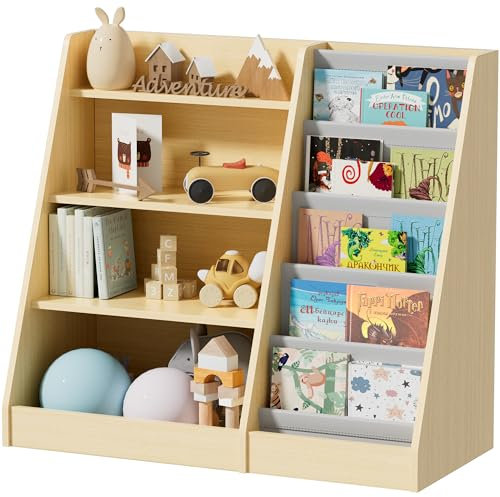 Yornoli Kids Bookshelf Wooden Childrens Bookcase Kids Storage Units Toy Storage Kids Shelves for Bedroom 4 Tier Bookshelf Burlywood