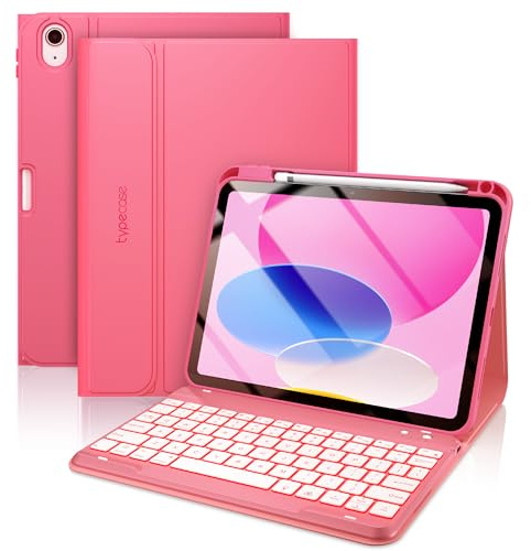 typecase Funda con teclado tipo libro para iPad de 10ª generación de 10.9 pulgadas (2022) y iPad 11ª (A16, 2025), teclado magnético inalámbrico desmontable, retroiluminación de 7 colores, delgado y
