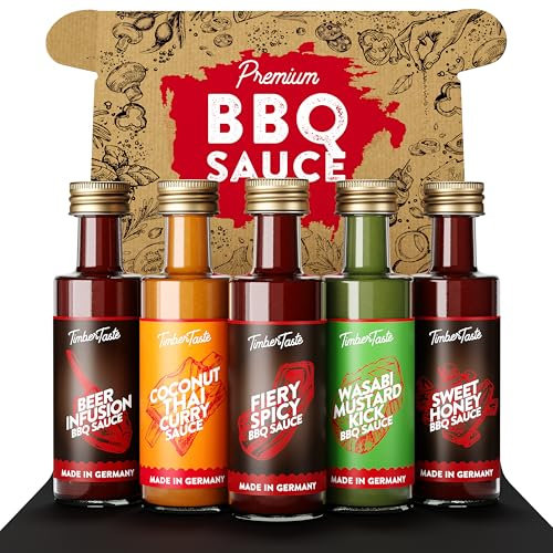 TIMBER TASTE® Grill Saucen Geschenkset [5 x 40 ml] | Exotic BBQ Sauce | Herzhafte Barbecuesauce | Geschenke für Männer & Frauen | Leckere Grillsaucen zum Geburtstag | Barbeque Saucen