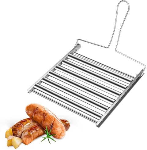 LELE LIFE Hot Dog Roller für Grill, Groß 24 x 20,5 cm Gleichmäßig Kochen Hotdog Roller Edelstahl Wurst Mais Roller Rack mit Faltbarem Griff für BBQ Outdoor Camping
