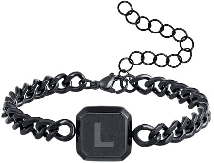 Armband Herren mit Buchstaben Edelstahl Panzerkette Armkette Männer Jungen | Silber Gold Schwarz Quadrat Initiale Armbänder Geschenk für Sohn Enkel Bruder Ehemann Vater Kubakette Einstellbare Schmuck