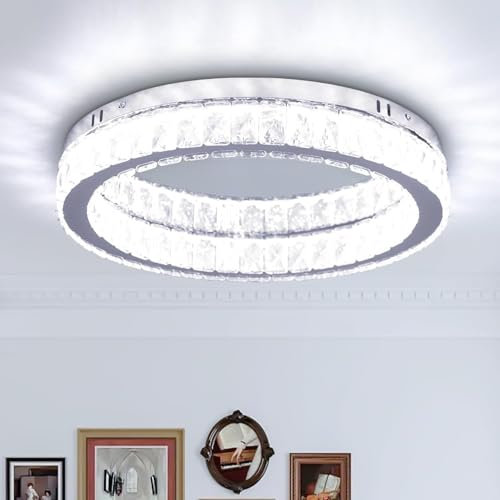 Finktonglan LED Kristall Deckenleuchte – Runde moderne Deckenlampe Ø45 cm, Edelstahl Kronleuchter mit integriertem 48W LED, kaltweiß 6000K, Flush Mount für Wohnzimmer, Esszimmer, Küche