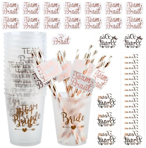 16 Set JGA Becher Braut Team Tassen,JGA Becher Bride Tribe Cups mit 16 Team Braut Strohhalme,20 JGA Bride to be Tattoo,Rose Gold Bridal Dusche Tassen,Bachelorette Party Cups für Verlobungsfeier