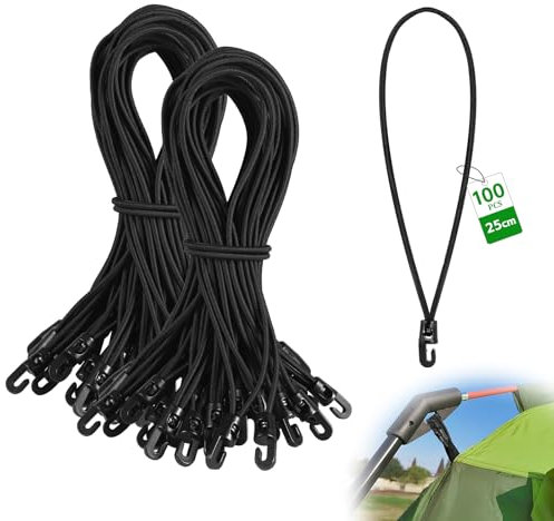 SUPAWAY 100 Pièces Tendeurs Élastiques avec Crochets 25 cm Multifonctionnel Spannfix Ø4 mm Crochets de bâche Courts Noir Corde Élastique pour Tentes, Bâches de Camping, Bâches de Remorque, Bannières