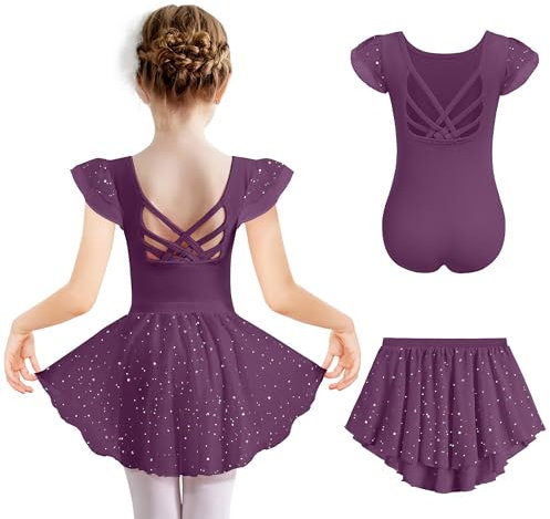 Arshiner Kinder Ballettkleidung Dunkel Lila Ballettkleid Einfarbig Balletttrikot Mädchen Ballett Trikot Kurzarm Ballettanzug Glitzer Tanzkleider Tanztrikot mit Tütü 140/6-7 Jahre