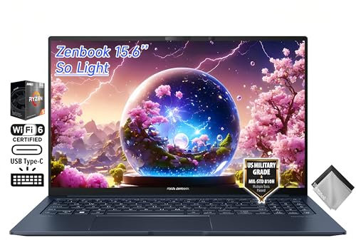 ASUS Zenbook 15 Business Slim Laptop, 15.6 FHD 100% sRGB, AMD Ryzen 5 7535U, teclado retroiluminado, Wi-Fi 6E, USB C, Windows 11 Home, con paño (16 GB LPDDR5 RAM | 2 TB SSD)