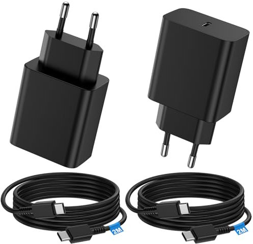 Chargeur pour Samsung 45W, 2Pack USB C Chargeur Charge Rapide Prise et 2M Câble Compatible avec Samsung Galaxy S24/S23/S22/S21/S20 Ultra/Plus/S24+/Note 20/10/9/A53/C55/A71, Type C Alimentation Secteur
