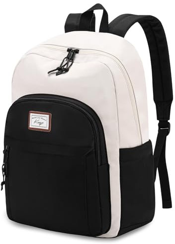 Kasgo Schulrucksack Jungen Mädchen, Leichtgewicht Rucksack Teenager Wasserabweisend Casual Schultaschen Herren Damen Casual Daypack Reise Arbeit Weiß mit Schwarz