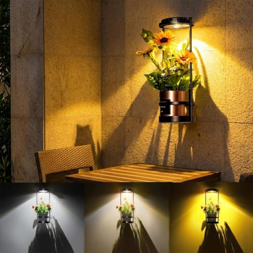 CNAPXAIA Solar Plant Stand, IP44 Waterproof Outdoor Black Metal Plant Holder with Grow Lights, 3 Colour Modes Wall-Mounted Garden Flower Pot for Patio Yard Decor