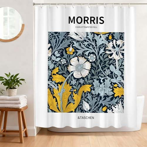 BREASOME Rideau de Douche Morris Style Anti Moisissure 180 x 180 cm Rideau Douche Motif Fleurs et Feuilles Tissu Polyester Imperméable Lavable Rideau Baignoire avec 12 Crochets