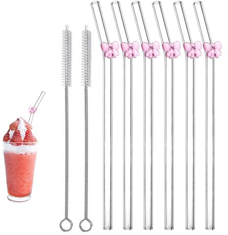 Juego de 8 pajitas de cristal, pajitas de cristal con diseño de pajarita rosa, con cepillo de limpieza, se utiliza en fiestas, para decorar bebidas en reuniones familiares, etc