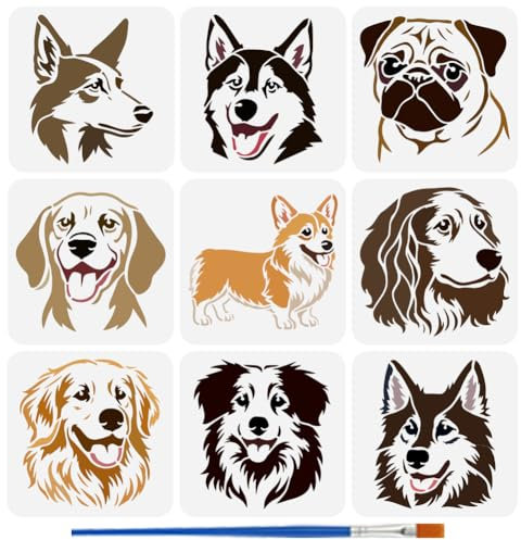 FINGERINSPIRE 9 Stück Hundeschablone Mit 1 x Kunststoffpinsel 20x20cm Zeichenvorlagen Für Hunde 9 Dekorationsstile Hunde Tiere Schablonen Zum Malen Auf Holz Segeltuch Stoff Mauer Möbel