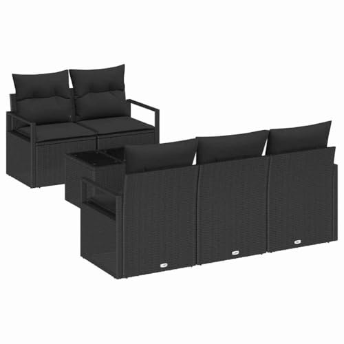 vidaXL 6-teiliges Garten-Sofa-Set mit Kissen in Schwarz aus Poly-Rattan. Bequeme Sitzgelegenheit für draußen, modular einsetzbar. Perfekt für Terrasse und Balkon.