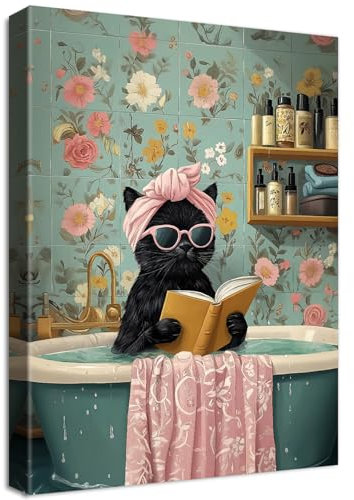 Lustige schwarze Katze Leinwand Bilder Mit Rahmen Niedliche Schwarze Katze Beim Baden Bild Wandbilder Wandkunst Kunstdruck auf Leinwand Malerei Toilette Badezimmer Kinderzimmer Wanddekor 30x40cm