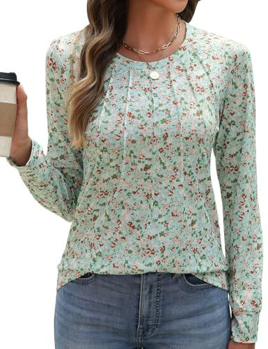 PASUDA Womens Long Sleeve T-Shirts Casual Crew Neck Tops Elegant Pleated Floral Printed Cotton Tshirts Fashion Loose Fit Tunic Blouses Shirts(Green Floral,M)