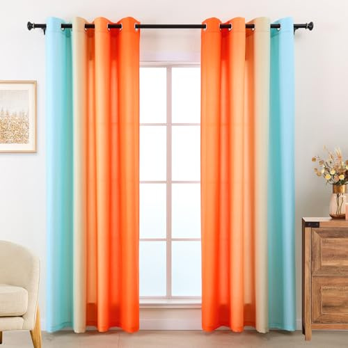 L.Z.E Gardinen Vorhänge Blau Orange, 145 cm Länge Sichtschutz Lichtdurchlässig Gardine Vorhang für Wohnzimmer Schlafzimmer Kinderzimmer, 2er Set Farbverlauf Mikrofaser Schals (LZE2219E-BO145)
