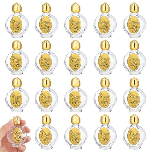 PH PandaHall 20 botellas de agua bendita vacías de vidrio para regalos de fiesta, frasco de agua bendita de 0.5 onzas líquidas, soporte de agua bendita con tapa de aleación de rosa dorada antigua