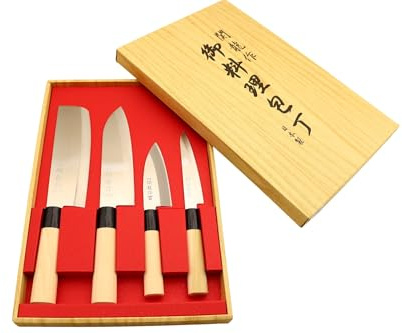 Cocktail7 - Juego de 4 cuchillos de cocina profesionales de acero inoxidable fabricados en Japón - Nakiri 165 mm, Santoku 165 mm, Mini Deba 105 mm y utilidad 120 mm