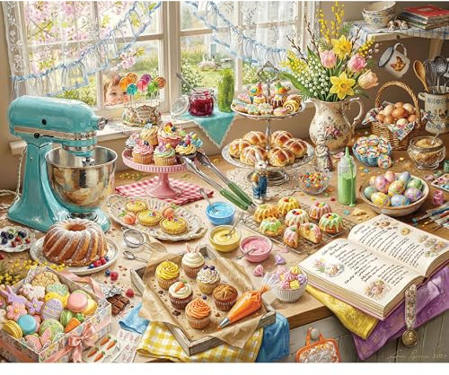 White Mountain 1000 Piece Jigsaw Puzzle Spring Kitchen Baking Scene Puzzle with Large Pieces Gift for Adults and Family 24 x 30 - Easter Baking