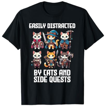 Easily Distracted by Cats and Side Quests Funny Gamer T-Shirt