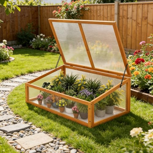 GYMAX Serre de Jardin en Bois, 94 x 63 x 40 cm, Jardinière de Culture de Plantes avec Panneaux Transparents, Toit Rabattable, Protection Hivernale Intérieure et Extérieure pour Balcon (Orange)