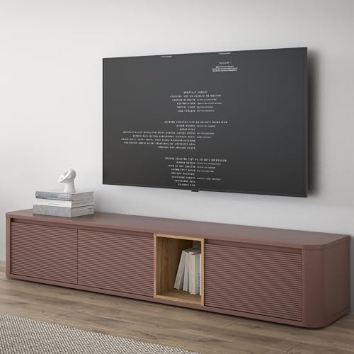 Forte BREATHTAKER TV-Schrank 220, modern minimalistisch, 3-türig, beleuchtetes Fach, Reliefstruktur, Holzwerkstoff, Terrakotta/Mauvella Eiche Holzdekor, 215 cm breit x 41,5 cm hoch x 41,3 cm tief