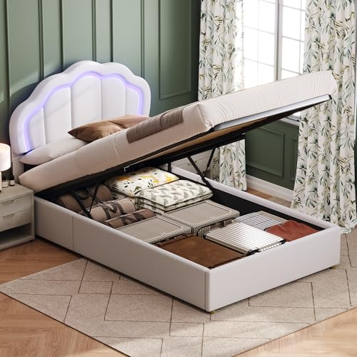 Besbed Single Bed Ottoman Frame, 3ft Upholstered Kids Bed with Hydraulic and Side Pocket Storage, Cloud Headboard with LED Light,Velvet, White, 90x190 cm (No Mattress)