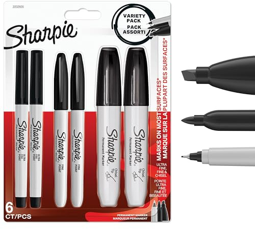 Sharpie Permanent Marker Pens Variety Pack | Ultra Fine, Fine & Chisel Tip Markers | Black Ink | 6 Count