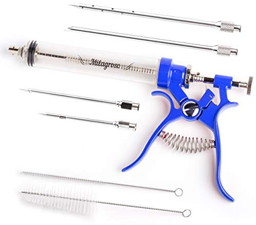 Pistolet à marinade en acier inoxydable pour usage extérieur, seringues alimentaires aromatisées et 4 aiguilles à marinades pour barbecue, fumoir, injecteurs professionnels de seringue culinaire (bleu