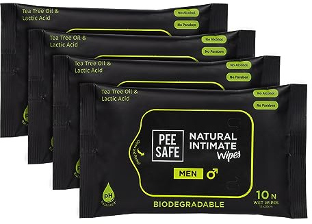 Pee Safe Intimate Wipes for Men, 100% Biodegradable & pH Balanced - 40 Wipes (Pack of 4)