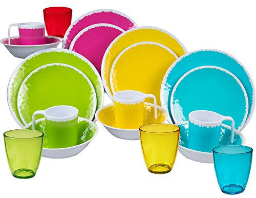Melamin Camping Geschirr mit Gläser für 4 Personen in BUNTEN Farben 20 Teile - sehr robust - stapelbar sommerliches Design farbenfroh