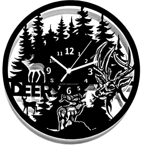 Instant Karma Clocks Wanduhr Deer Hirsch Wald Tiere Jäger Ø30cm, Schwarz, Holz