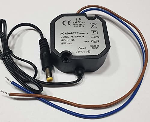 enterelettronics Kit 1 Alimentatore 12V Stabilizzato (1.5A) Caricatore Universale 18W IP67 per Telecamere Videosorveglianza Stagno con Cavi Alimentazione - Nero