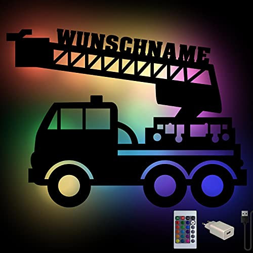 Personalisiertes Feuerwehr-Auto Farbwechsel Wand-Licht Nachtlicht Geschenke mit Namen Schlummerlicht Holz Wand-Lampe I USB + Fernbedienung
