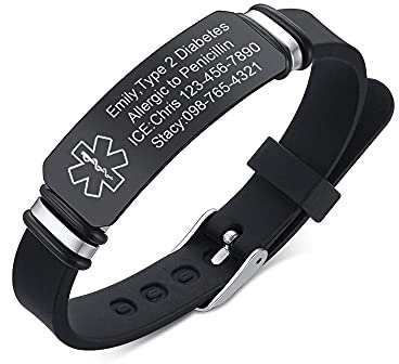 VNOX Medizinische Notfall-Armbänder für Damen und Herren, mit kostenloser Gravur, verstellbar, Edelstahl-Mesh, Notfall-Armbänder, Silikon, Lavastein
