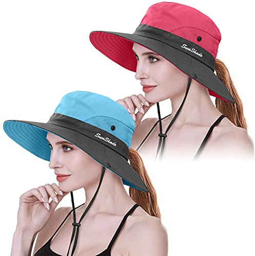 IYEBRAO 2 Stück Pferdeschwanz Sonnenhut Damen-UV Schutz Breite Krempe Sommerhut mit Nackenschnur-Sonnenschutzhut Strandhut Fischerhut Anglerhut Gartenhut Wanderhut Outdoor Hut (Blau+Hellrot, 2 Stück)