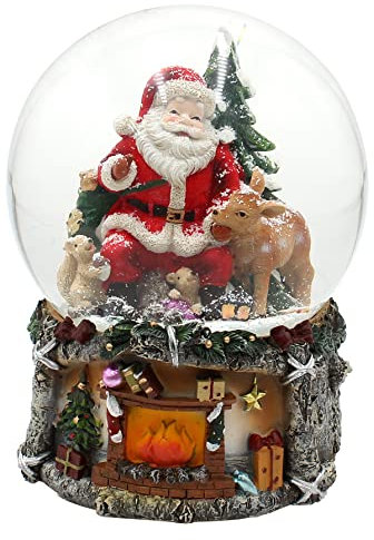 Dekohelden24 XXL Schneekugel, Weihnachtsmann mit REH und Tannenbaum, mit Sound, auf aufwendig dekoriertem Sockel, Maße L/B/H: 15 x 15 x 20 cm Kugel Ø 15 cm