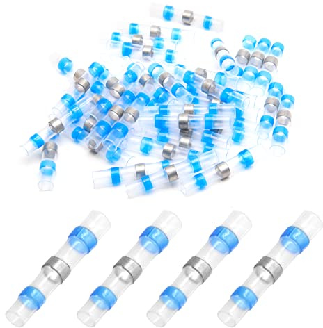 Cionyce 100 connettori per cavi da 16-14 AWG, impermeabili, termorestringenti, connettori per cavi autosaldanti (blu, 16-14 AWG)