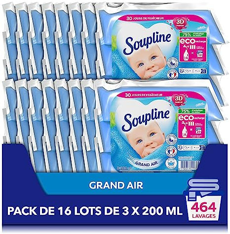 SOUPLINE - Adoucissant Concentré Soupline 3D Grand Air - Eco-Recharges - Formule Active à Froid - 92 % d'Ingrédients d'Origine Naturelle - 16 Lots de 3 x 200 ml