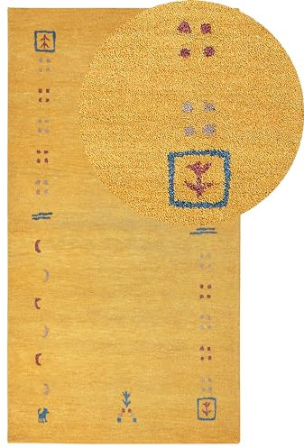 Gabbeh Teppich gelb aus Wolle 80 x 150 cm Hochflor mit Muster weich handgetuftet Akalan