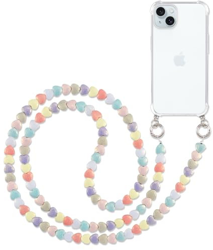 Pnakqil Handykette mit Perlen Necklace für Apple iPhone 15 Plus 6.7 Hülle Schultergurt mit Band zum Umhängen Schnur Handyhülle Kette Handy Umhängeband Transparent TPU Silikon Case,Herz