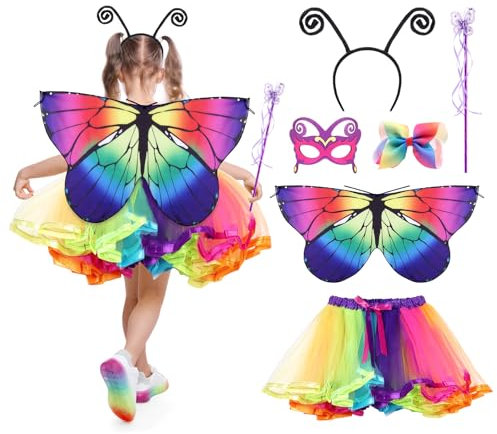 Partideal Kids Butterfly Wings Costume Set, Fairy Dress Up with Butterfly Wings Tutu Skirt Wand Headband Hairclip and Mask Kit, Fantasy Dress for 3-8 Years Girls Halloween Carnival Cosplay