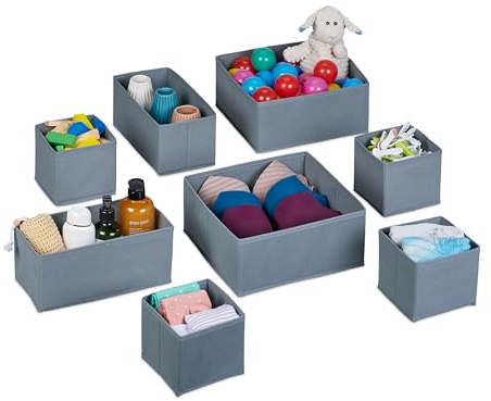 Relaxdays Schubladen Organizer, 8-teiliges Wäscheorganizer Set, 3 Größen, für Kleiderschrank & Schublade, faltbar, grau